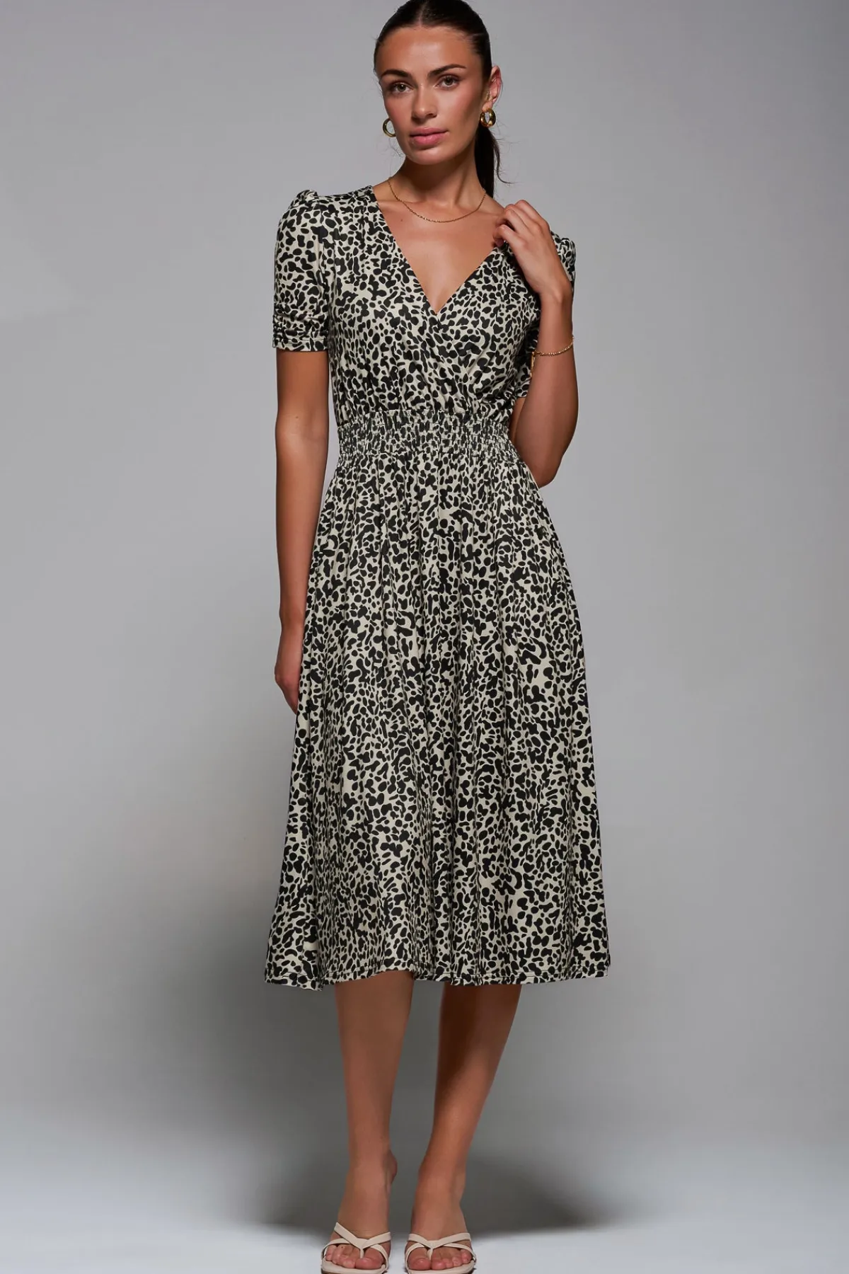 Jolie Moi Occasion Dresses|Weekend Casuals-Ruched Waist Drawstring Sleeve Midi Dres, Brown Leopard
