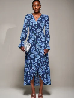 Jolie Moi Occasion Dresses|Floral Dresses-Ruffle Cuffed Sleeve Frill Mesh Maxi Dress, Blue Floral