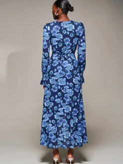 Jolie Moi Occasion Dresses|Floral Dresses-Ruffle Cuffed Sleeve Frill Mesh Maxi Dress, Blue Floral