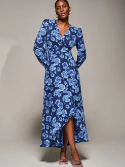 Jolie Moi Occasion Dresses|Floral Dresses-Ruffle Cuffed Sleeve Frill Mesh Maxi Dress, Blue Floral