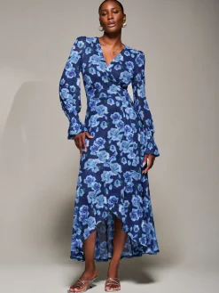 Jolie Moi Occasion Dresses|Floral Dresses-Ruffle Cuffed Sleeve Frill Mesh Maxi Dress, Blue Floral