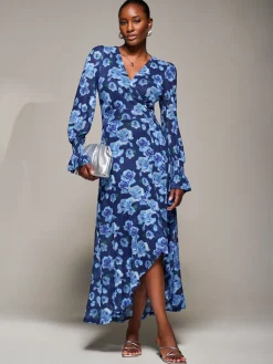 Jolie Moi Occasion Dresses|Floral Dresses-Ruffle Cuffed Sleeve Frill Mesh Maxi Dress, Blue Floral