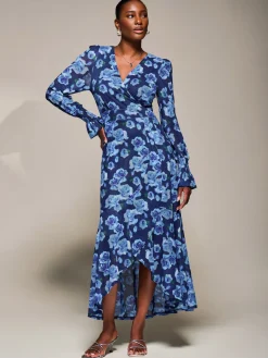 Jolie Moi Occasion Dresses|Floral Dresses-Ruffle Cuffed Sleeve Frill Mesh Maxi Dress, Blue Floral