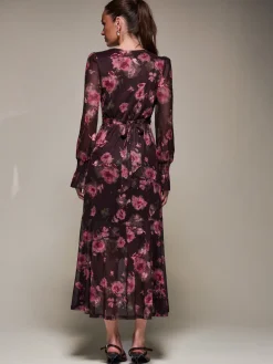 Jolie Moi Occasion Dresses|Floral Dresses-Ruffle Cuffed Sleeve Frill Mesh Maxi Dress, Burgundy Floral