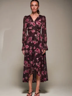 Jolie Moi Occasion Dresses|Floral Dresses-Ruffle Cuffed Sleeve Frill Mesh Maxi Dress, Burgundy Floral