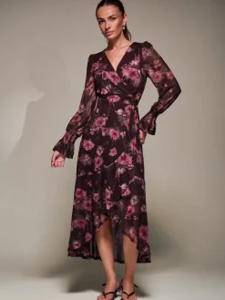 Jolie Moi Occasion Dresses|Floral Dresses-Ruffle Cuffed Sleeve Frill Mesh Maxi Dress, Burgundy Floral