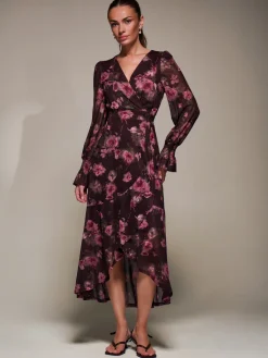 Jolie Moi Occasion Dresses|Floral Dresses-Ruffle Cuffed Sleeve Frill Mesh Maxi Dress, Burgundy Floral