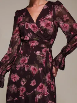 Jolie Moi Occasion Dresses|Floral Dresses-Ruffle Cuffed Sleeve Frill Mesh Maxi Dress, Burgundy Floral