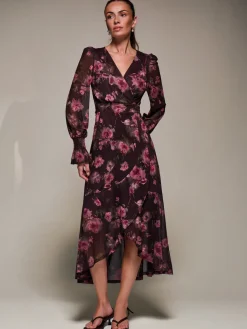Jolie Moi Occasion Dresses|Floral Dresses-Ruffle Cuffed Sleeve Frill Mesh Maxi Dress, Burgundy Floral