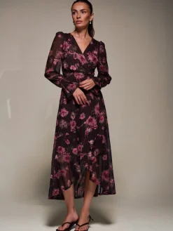 Jolie Moi Occasion Dresses|Floral Dresses-Ruffle Cuffed Sleeve Frill Mesh Maxi Dress, Burgundy Floral