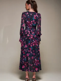 Jolie Moi Occasion Dresses|Floral Dresses-Ruffle Cuffed Sleeve Frill Mesh Maxi Dress, Pink Floral
