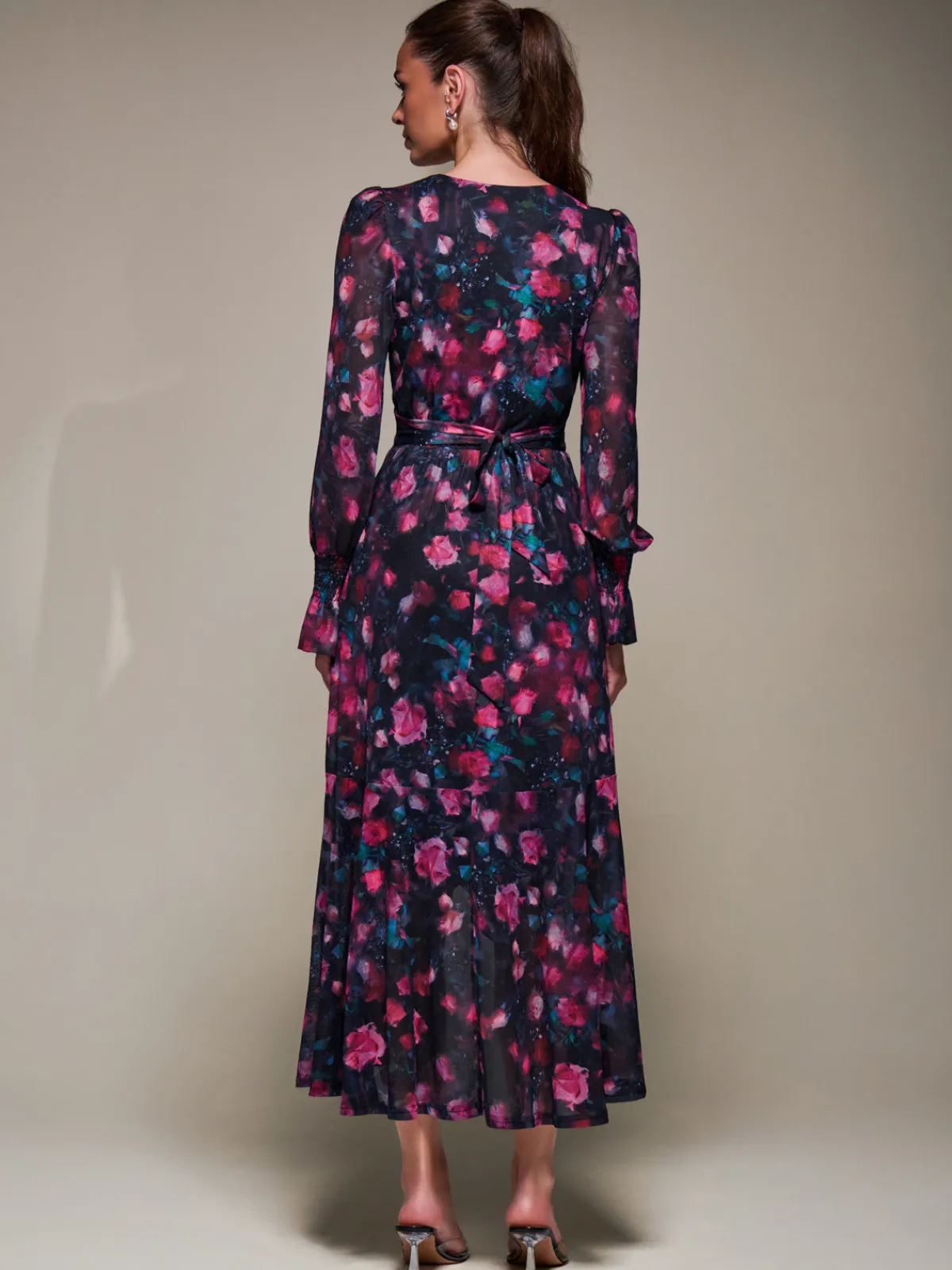 Jolie Moi Occasion Dresses|Floral Dresses-Ruffle Cuffed Sleeve Frill Mesh Maxi Dress, Pink Floral
