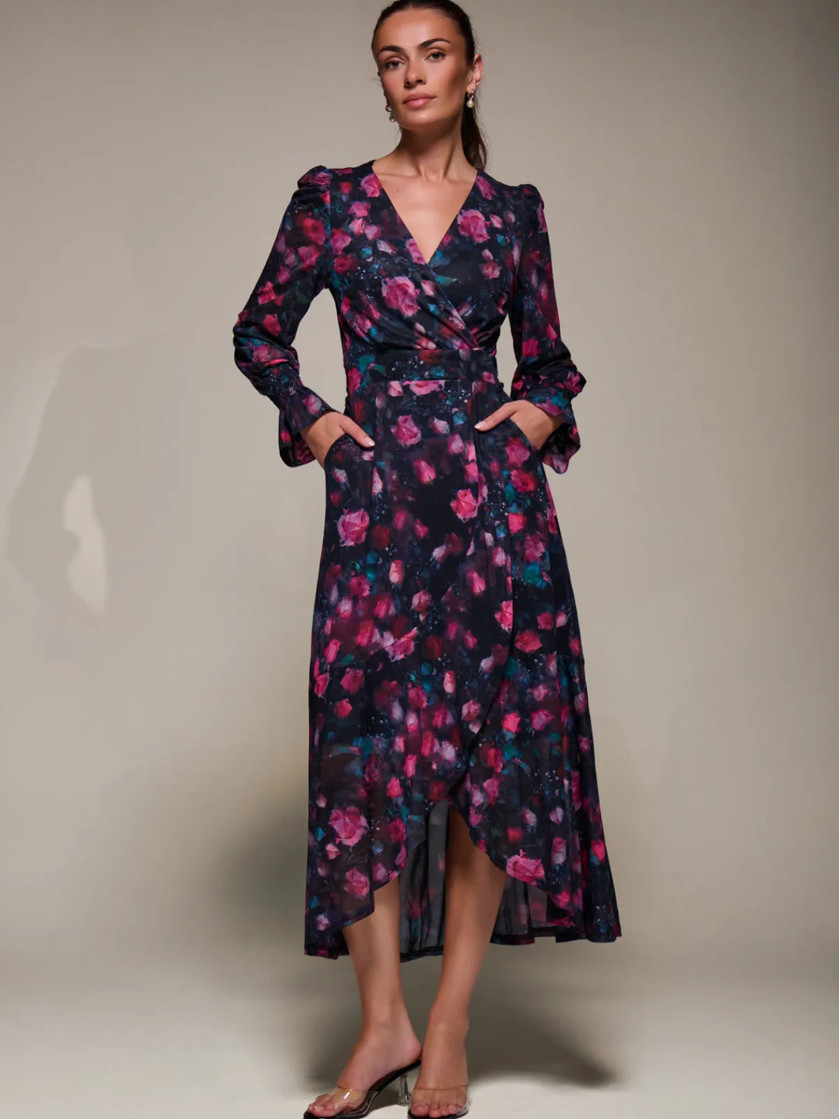 Jolie Moi Occasion Dresses|Floral Dresses-Ruffle Cuffed Sleeve Frill Mesh Maxi Dress, Pink Floral