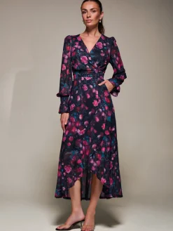 Jolie Moi Occasion Dresses|Floral Dresses-Ruffle Cuffed Sleeve Frill Mesh Maxi Dress, Pink Floral