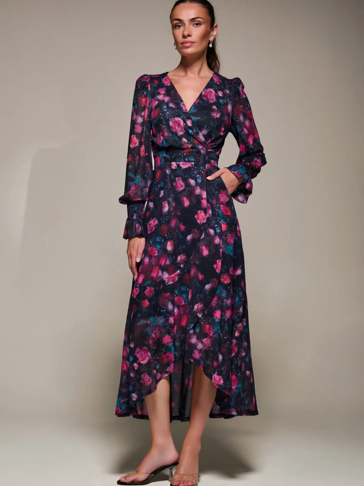 Jolie Moi Occasion Dresses|Floral Dresses-Ruffle Cuffed Sleeve Frill Mesh Maxi Dress, Pink Floral