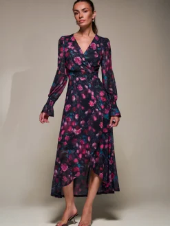 Jolie Moi Occasion Dresses|Floral Dresses-Ruffle Cuffed Sleeve Frill Mesh Maxi Dress, Pink Floral