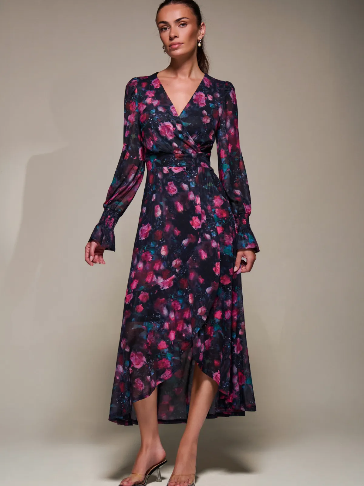 Jolie Moi Occasion Dresses|Floral Dresses-Ruffle Cuffed Sleeve Frill Mesh Maxi Dress, Pink Floral