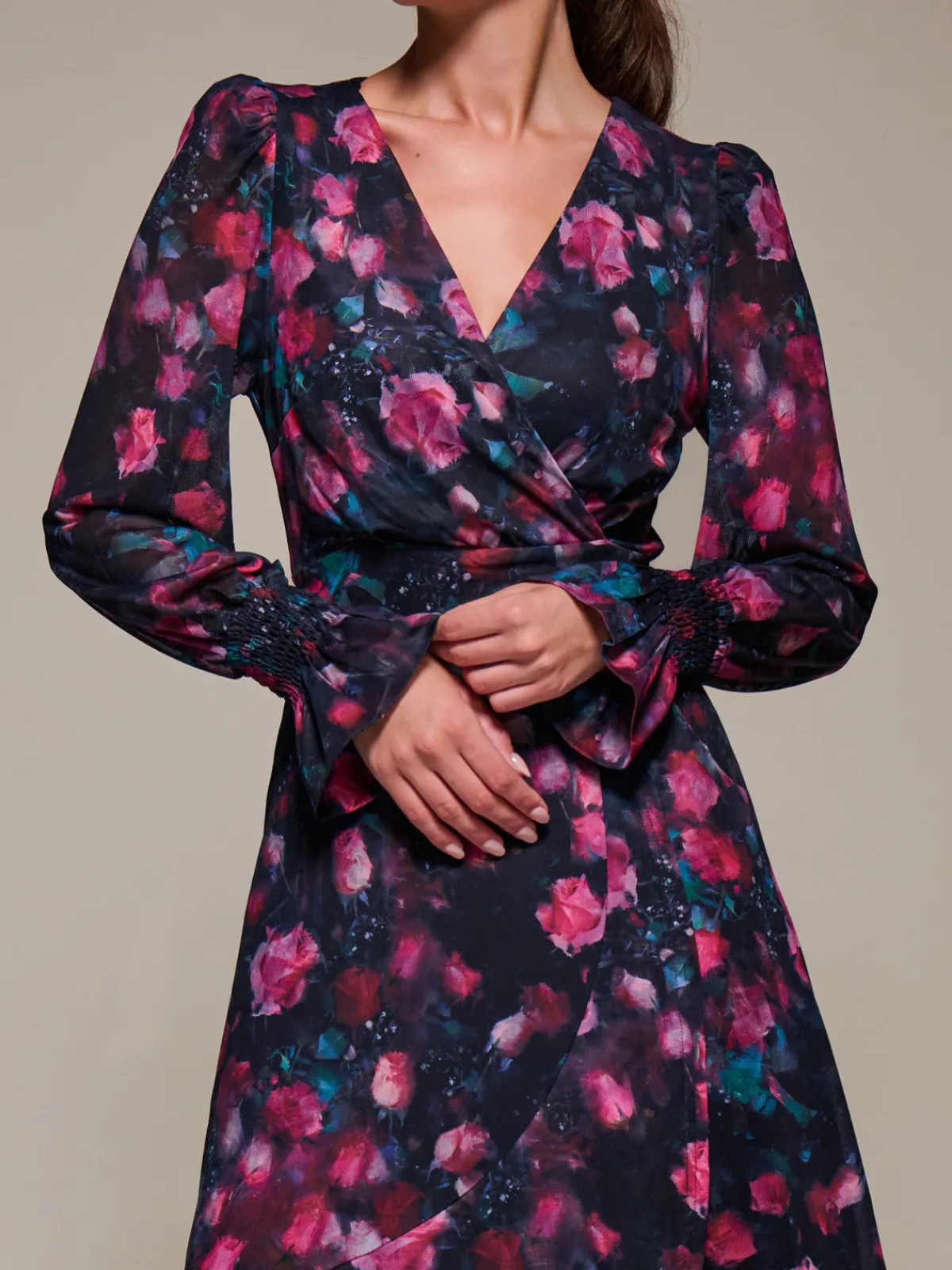 Jolie Moi Occasion Dresses|Floral Dresses-Ruffle Cuffed Sleeve Frill Mesh Maxi Dress, Pink Floral