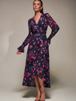 Jolie Moi Occasion Dresses|Floral Dresses-Ruffle Cuffed Sleeve Frill Mesh Maxi Dress, Pink Floral