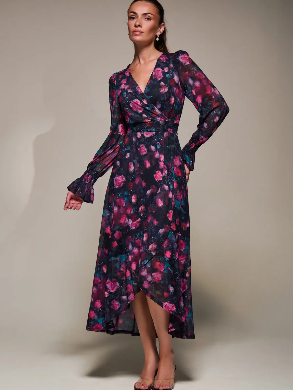 Jolie Moi Occasion Dresses|Floral Dresses-Ruffle Cuffed Sleeve Frill Mesh Maxi Dress, Pink Floral