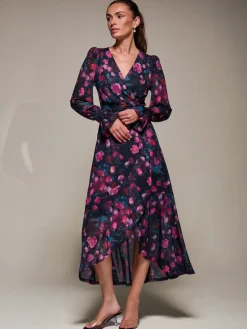 Jolie Moi Occasion Dresses|Floral Dresses-Ruffle Cuffed Sleeve Frill Mesh Maxi Dress, Pink Floral