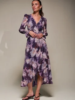 Jolie Moi Floral Dresses|Mesh Dresses-Ruffle Cuffed Sleeve Frill Mesh Maxi Dress, Purple Floral