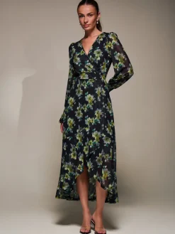 Jolie Moi Occasion Dresses|Floral Dresses-Ruffle Cuffed Sleeve Frill Mesh Maxi Dress, Yellow Floral