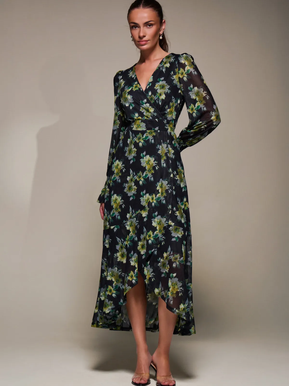 Jolie Moi Occasion Dresses|Floral Dresses-Ruffle Cuffed Sleeve Frill Mesh Maxi Dress, Yellow Floral