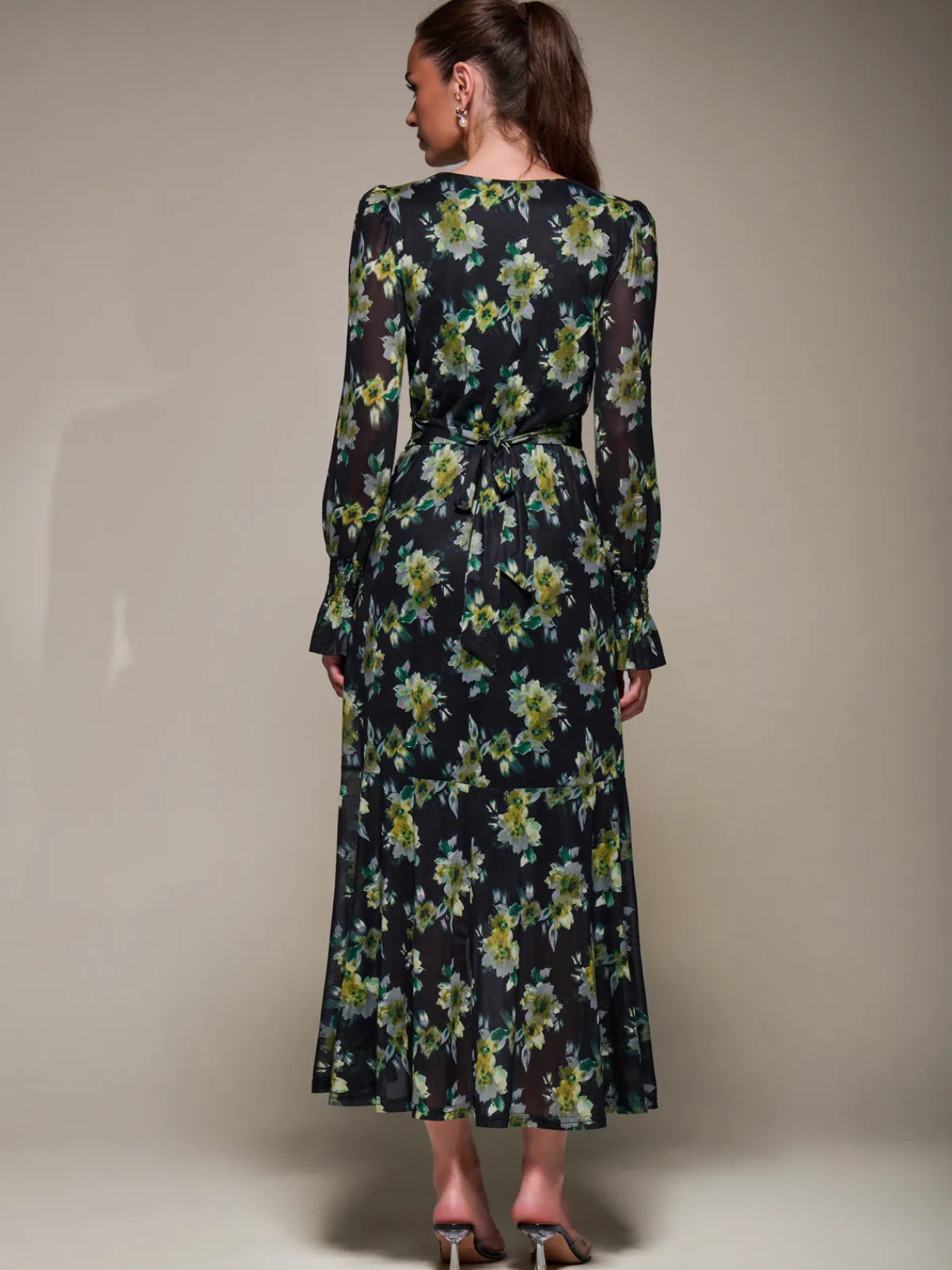Jolie Moi Occasion Dresses|Floral Dresses-Ruffle Cuffed Sleeve Frill Mesh Maxi Dress, Yellow Floral