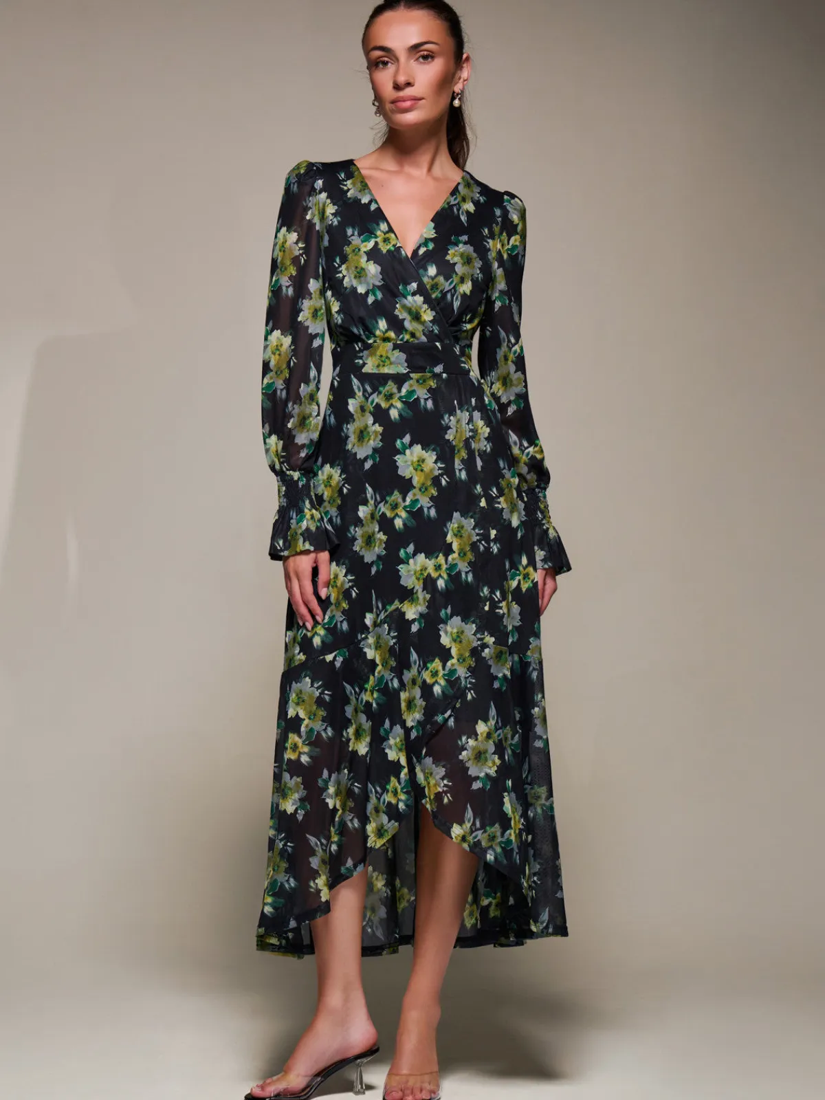 Jolie Moi Occasion Dresses|Floral Dresses-Ruffle Cuffed Sleeve Frill Mesh Maxi Dress, Yellow Floral