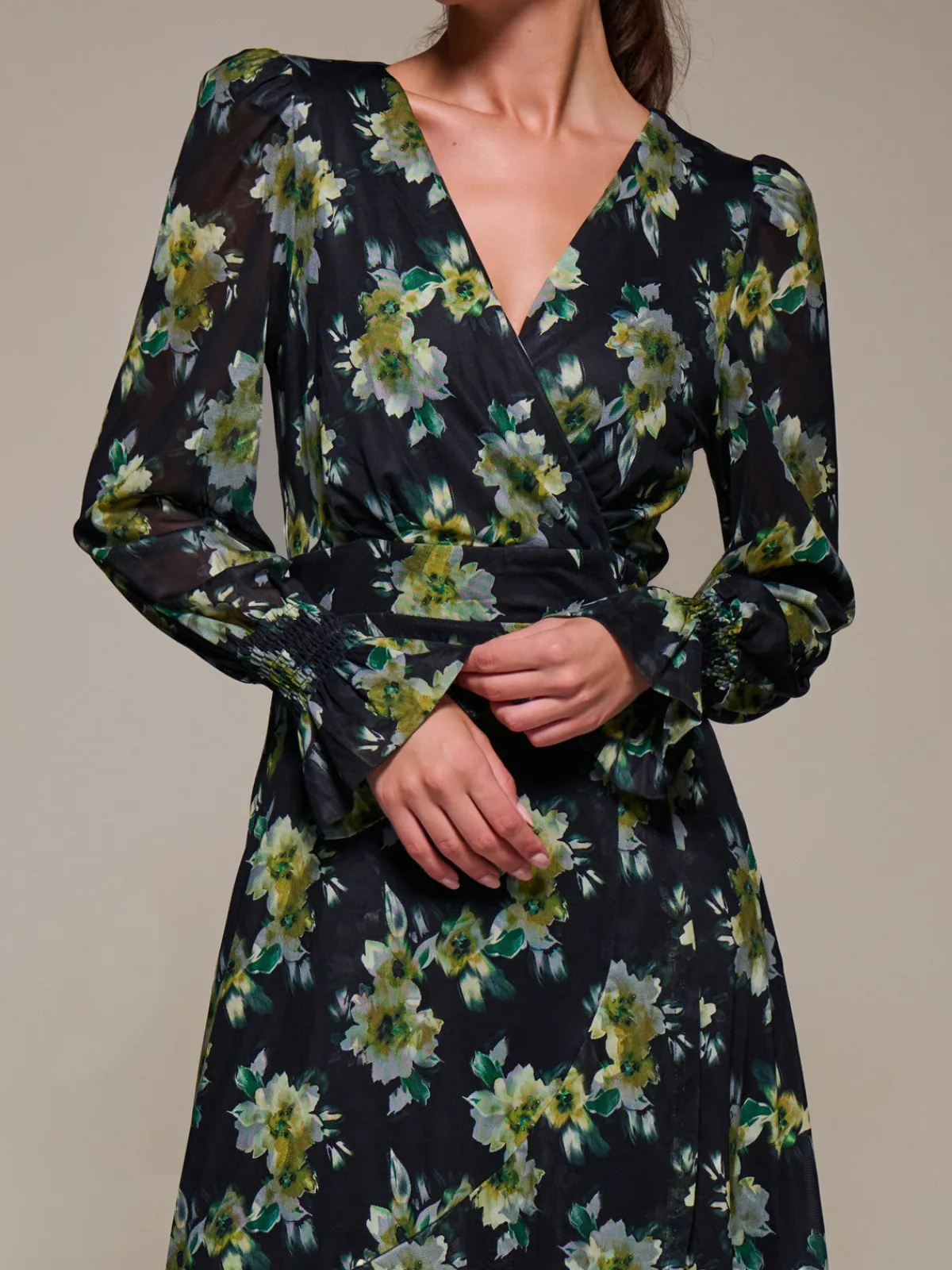 Jolie Moi Occasion Dresses|Floral Dresses-Ruffle Cuffed Sleeve Frill Mesh Maxi Dress, Yellow Floral