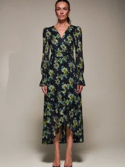 Jolie Moi Occasion Dresses|Floral Dresses-Ruffle Cuffed Sleeve Frill Mesh Maxi Dress, Yellow Floral