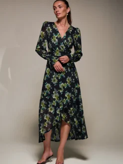 Jolie Moi Occasion Dresses|Floral Dresses-Ruffle Cuffed Sleeve Frill Mesh Maxi Dress, Yellow Floral