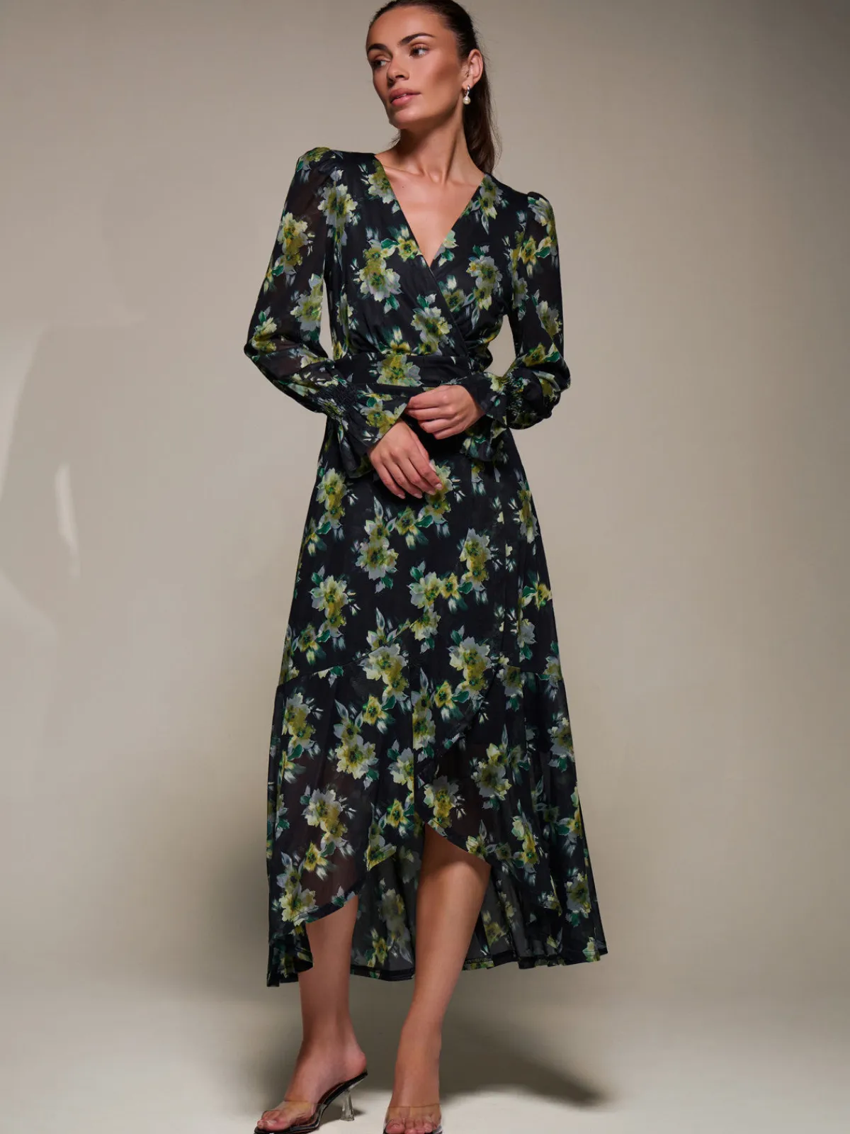 Jolie Moi Occasion Dresses|Floral Dresses-Ruffle Cuffed Sleeve Frill Mesh Maxi Dress, Yellow Floral