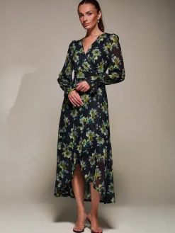 Jolie Moi Occasion Dresses|Floral Dresses-Ruffle Cuffed Sleeve Frill Mesh Maxi Dress, Yellow Floral