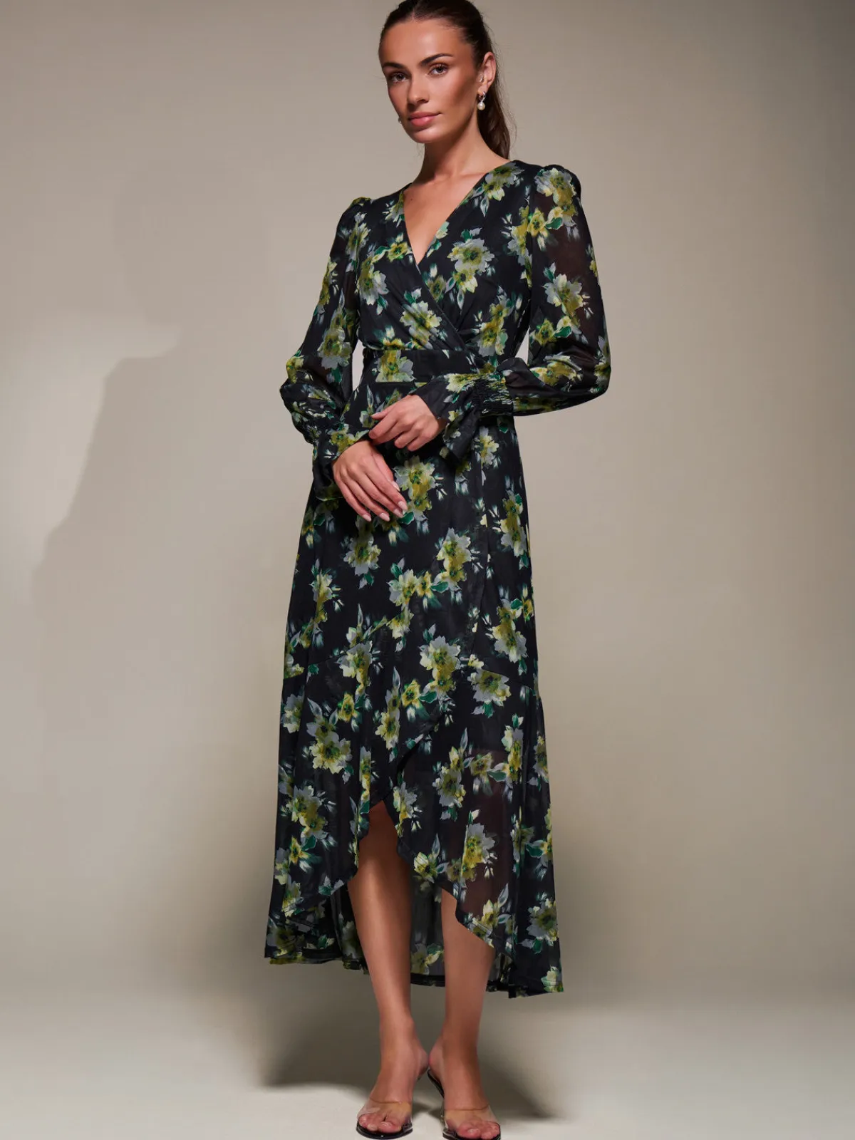 Jolie Moi Occasion Dresses|Floral Dresses-Ruffle Cuffed Sleeve Frill Mesh Maxi Dress, Yellow Floral