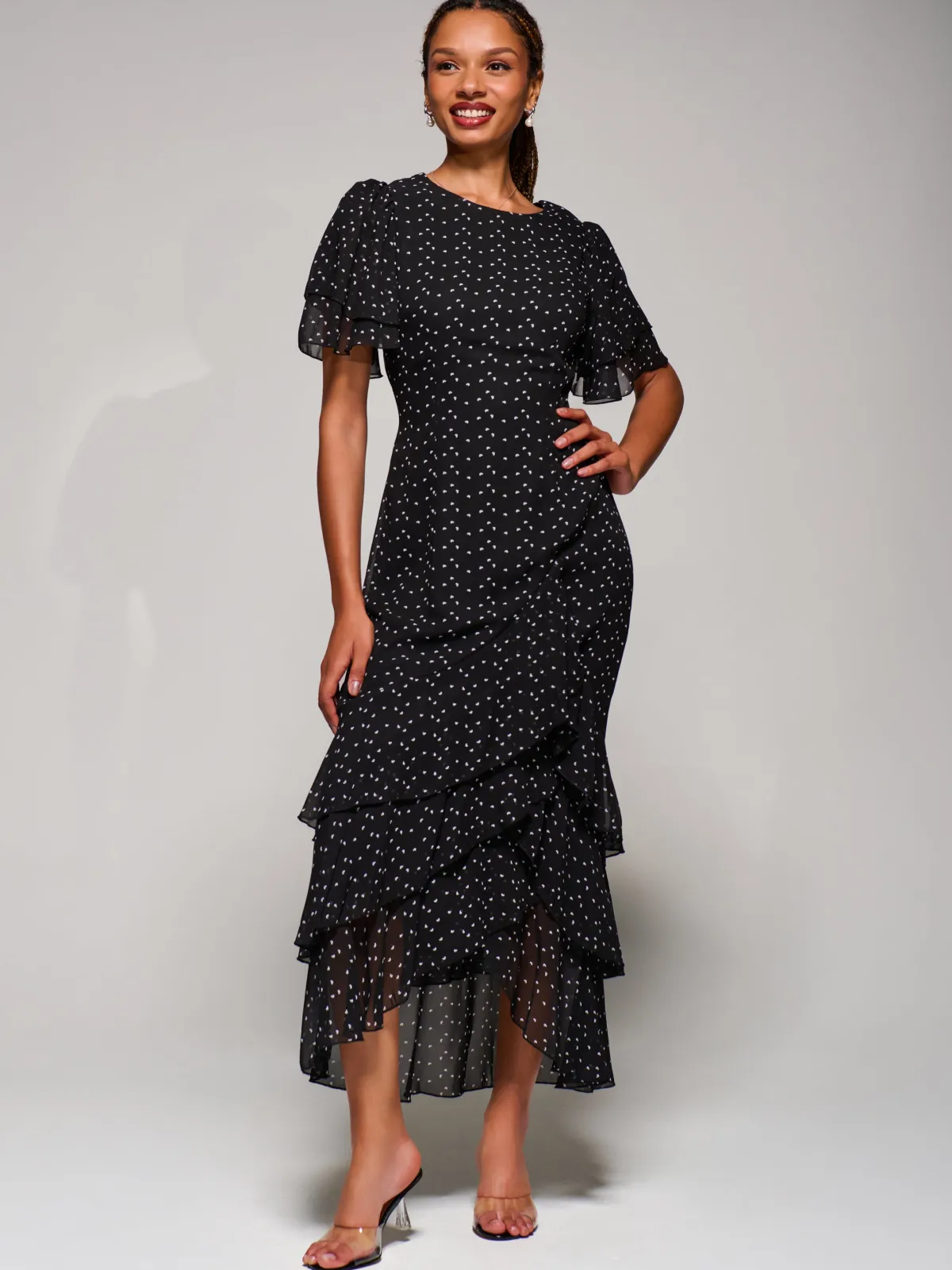 Jolie Moi Occasion Dresses-Ruffle Detail Chiffon Midaxi Dress, Black Heart