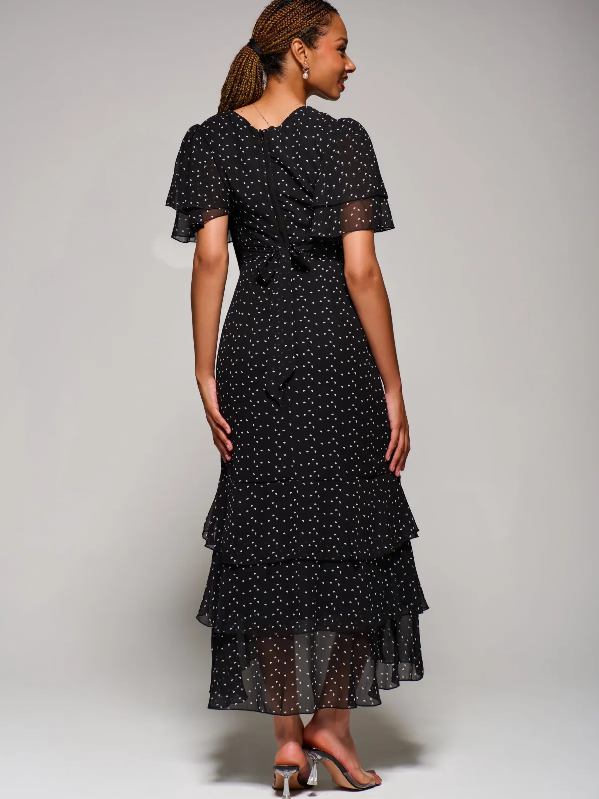 Jolie Moi Occasion Dresses-Ruffle Detail Chiffon Midaxi Dress, Black Heart
