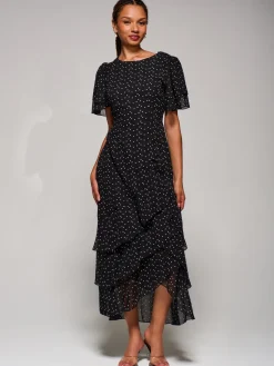 Jolie Moi Occasion Dresses-Ruffle Detail Chiffon Midaxi Dress, Black Heart