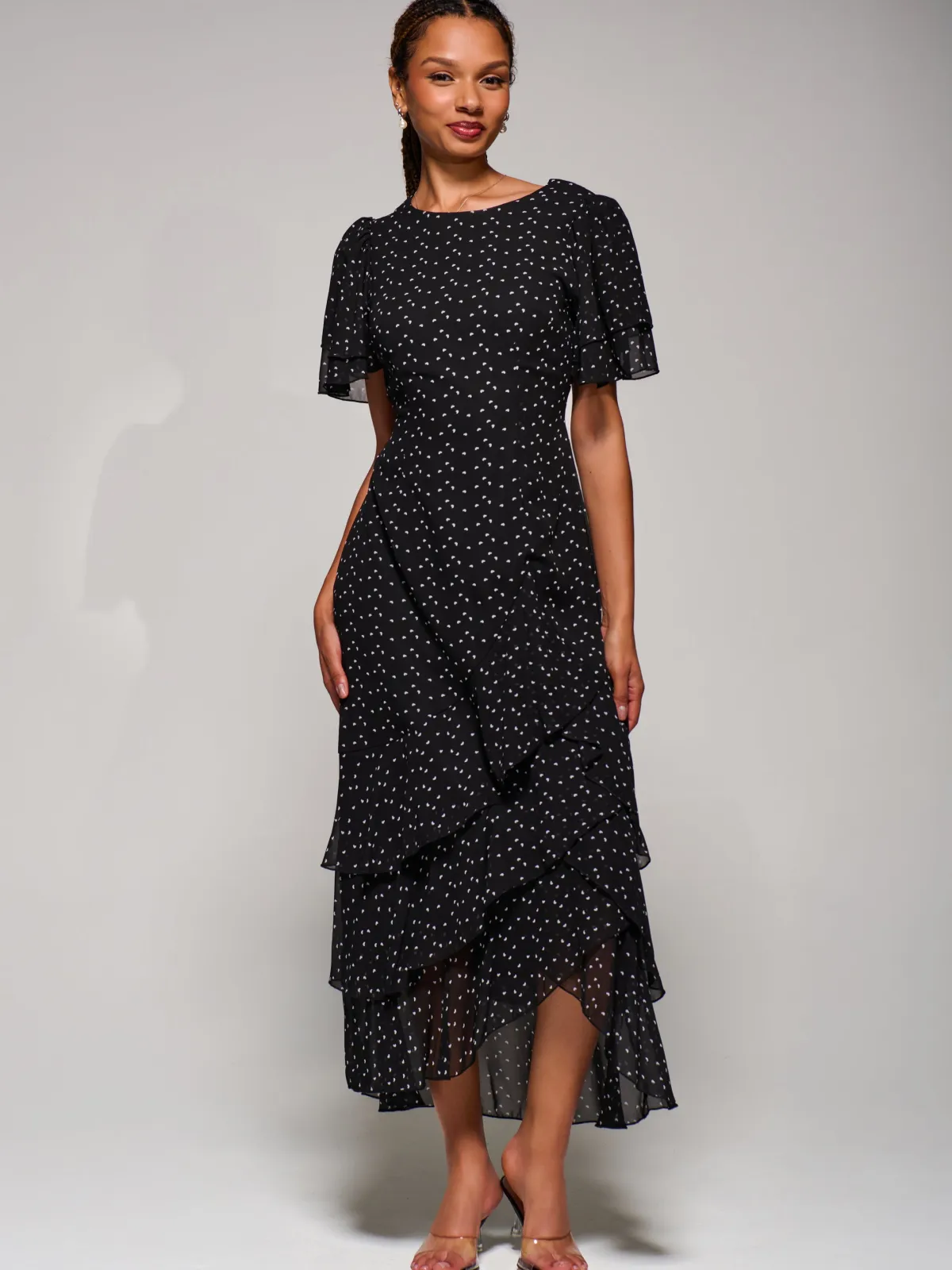 Jolie Moi Occasion Dresses-Ruffle Detail Chiffon Midaxi Dress, Black Heart