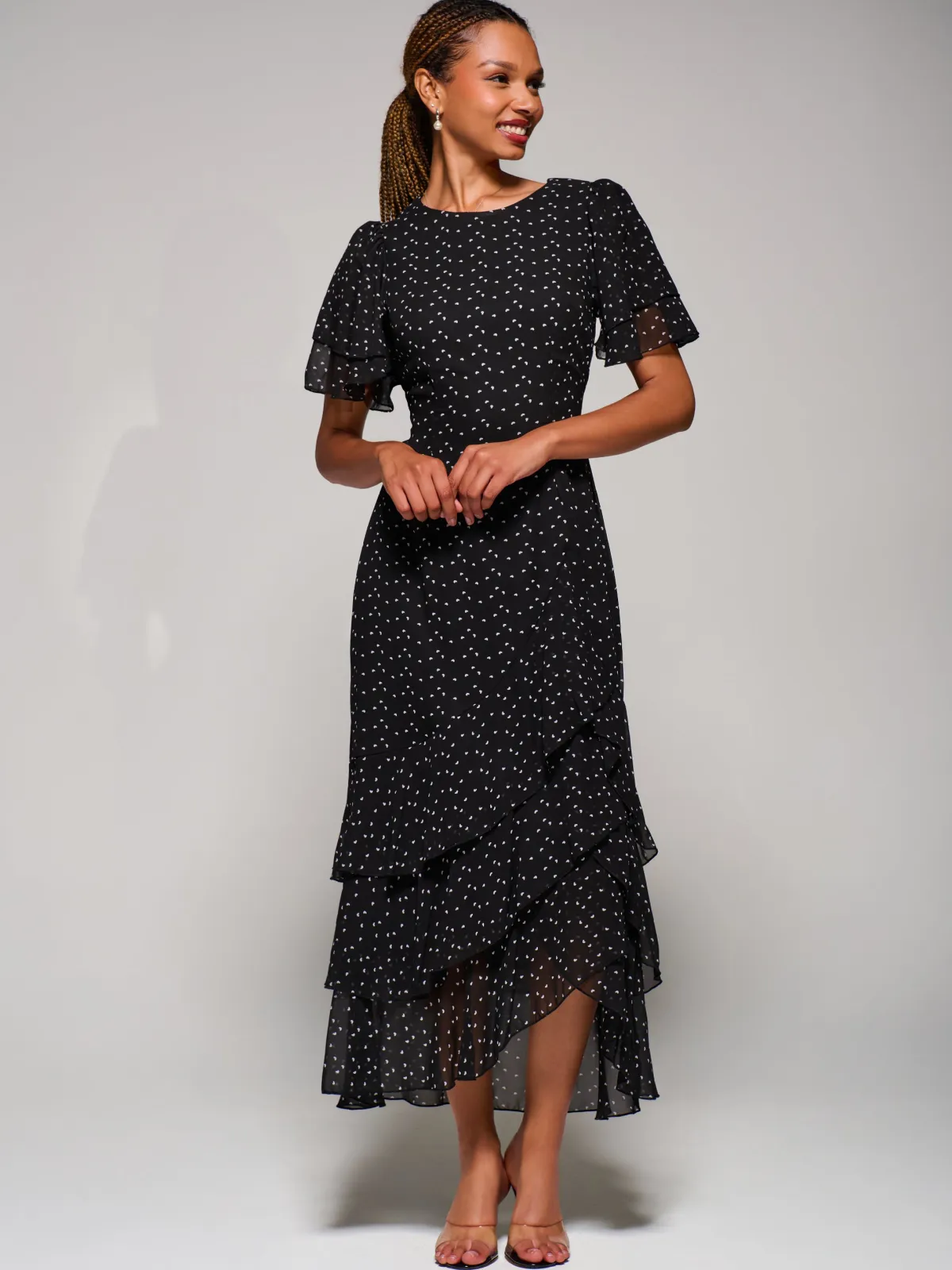 Jolie Moi Occasion Dresses-Ruffle Detail Chiffon Midaxi Dress, Black Heart