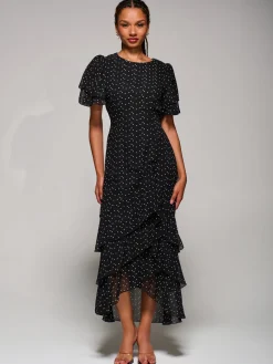 Jolie Moi Occasion Dresses-Ruffle Detail Chiffon Midaxi Dress, Black Heart