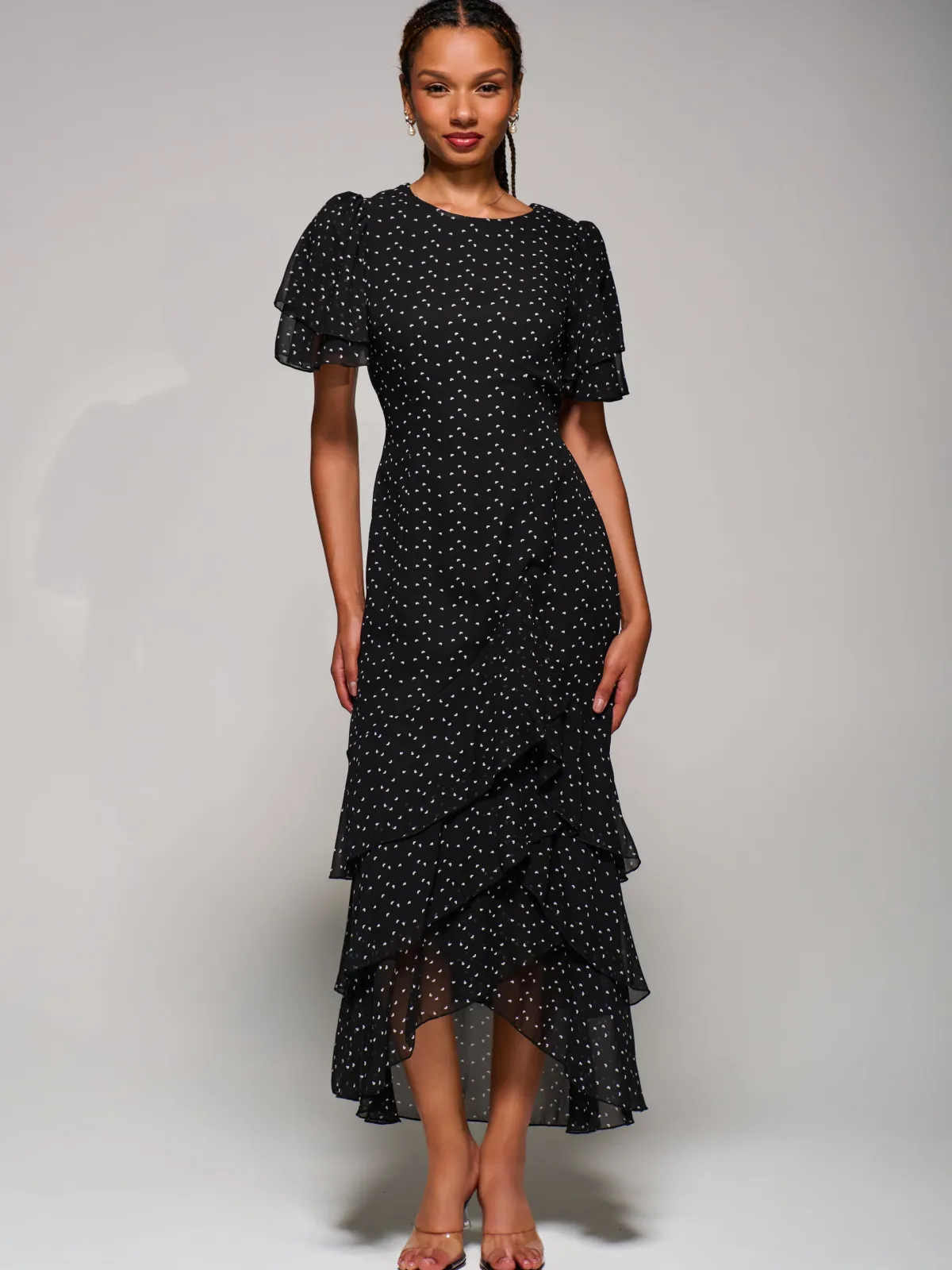 Jolie Moi Occasion Dresses-Ruffle Detail Chiffon Midaxi Dress, Black Heart