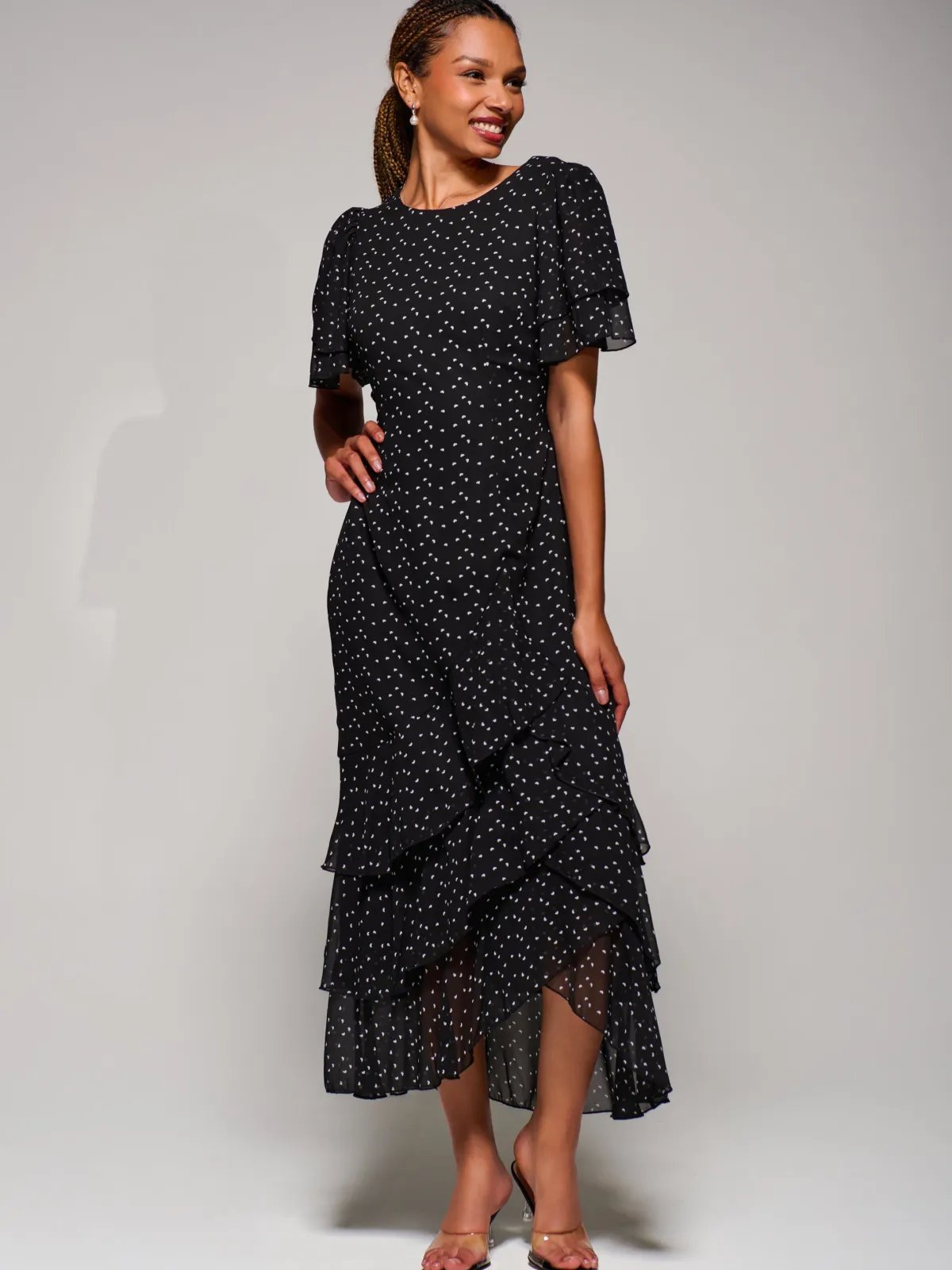 Jolie Moi Occasion Dresses-Ruffle Detail Chiffon Midaxi Dress, Black Heart