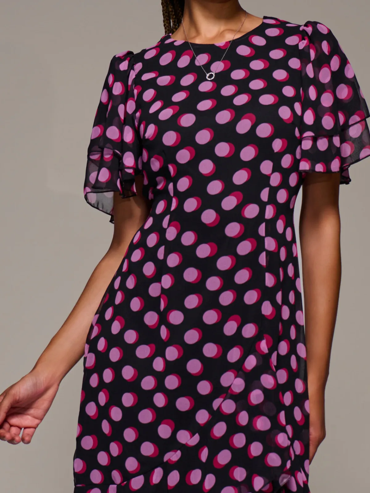 Jolie Moi Occasion Dresses-Ruffle Detail Chiffon Midaxi Dress, Black Spot