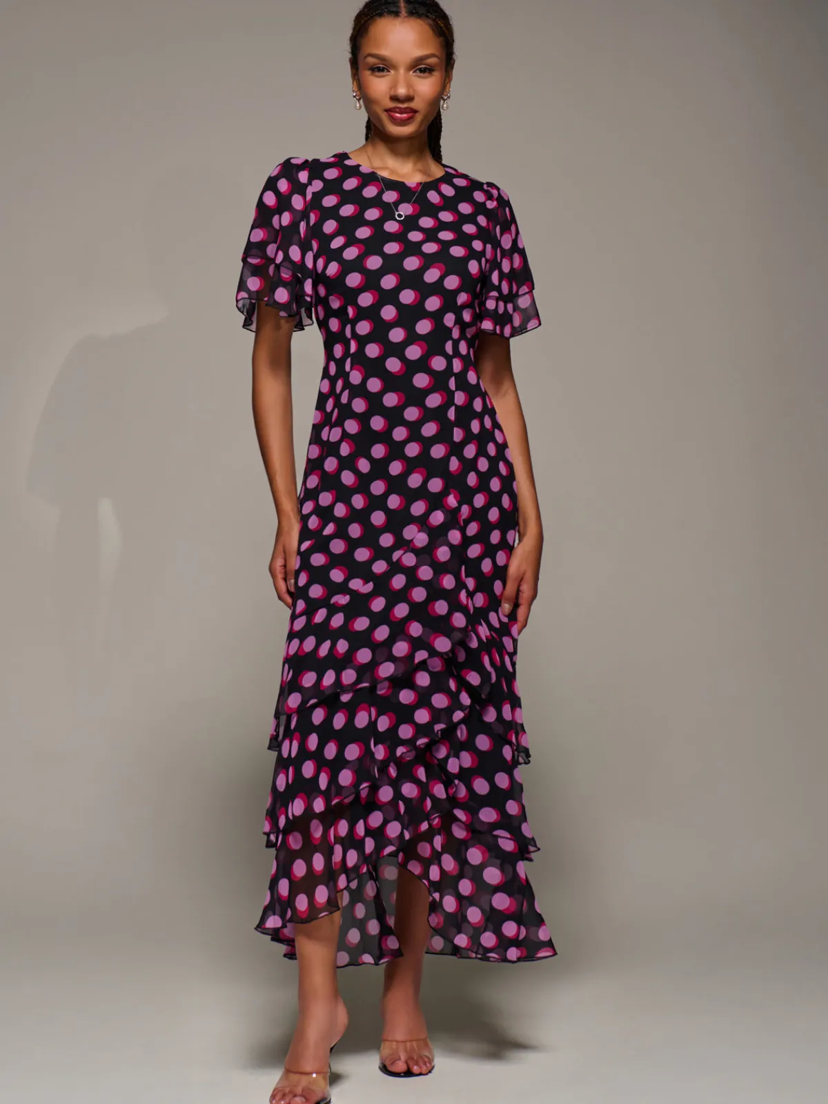 Jolie Moi Occasion Dresses-Ruffle Detail Chiffon Midaxi Dress, Black Spot