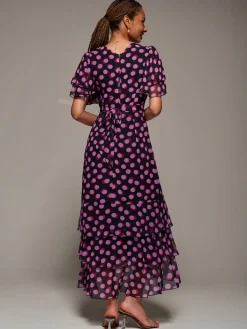 Jolie Moi Occasion Dresses-Ruffle Detail Chiffon Midaxi Dress, Black Spot