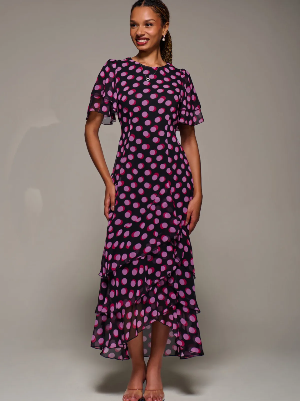 Jolie Moi Occasion Dresses-Ruffle Detail Chiffon Midaxi Dress, Black Spot