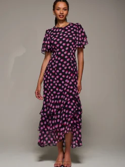 Jolie Moi Occasion Dresses-Ruffle Detail Chiffon Midaxi Dress, Black Spot
