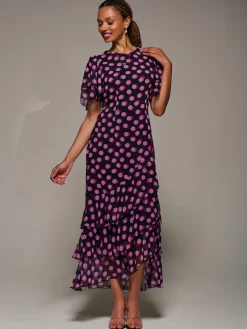Jolie Moi Occasion Dresses-Ruffle Detail Chiffon Midaxi Dress, Black Spot